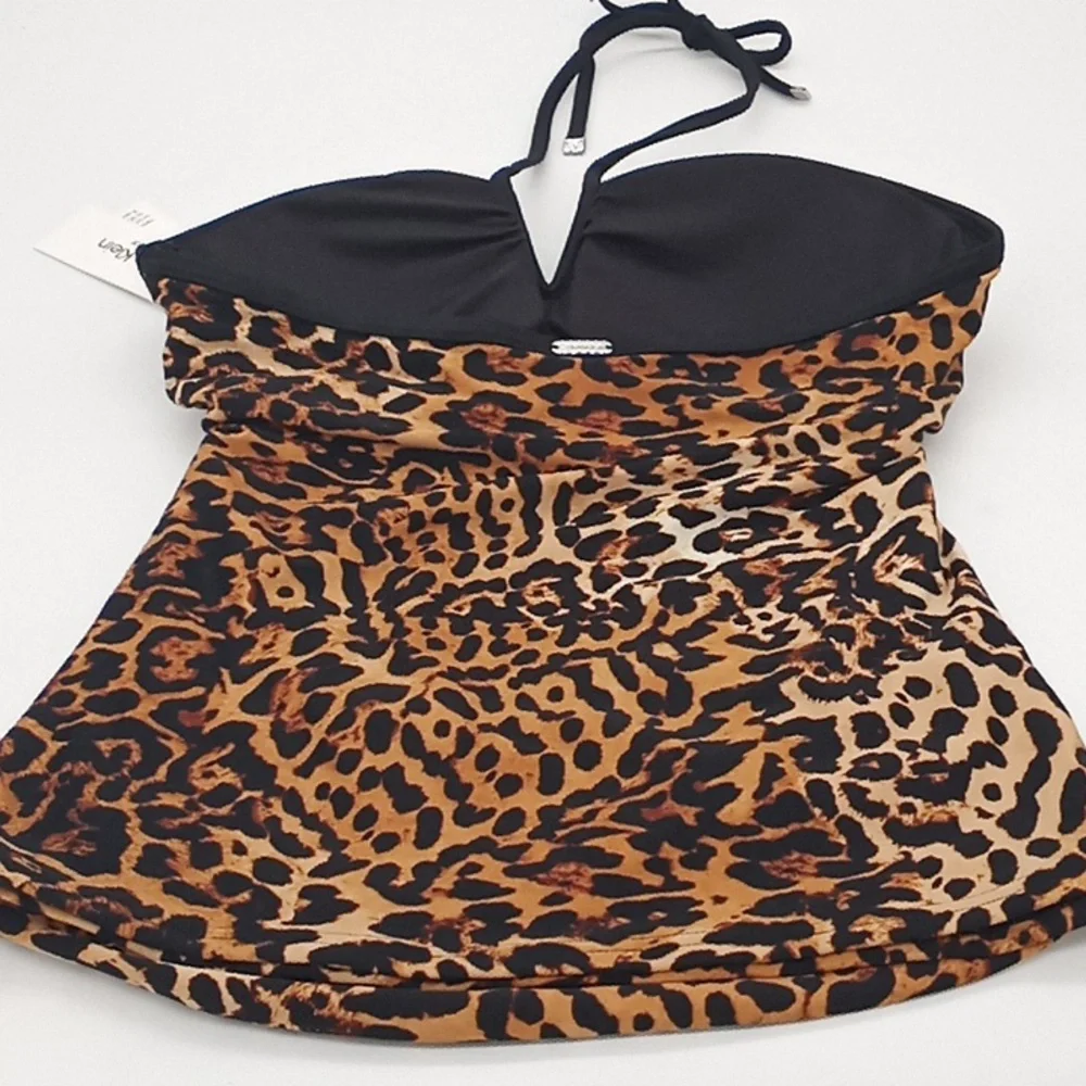 Calvin Klein Animal Print V-Wire‎ Bandeau Halter Tankini Swim Top Jaguar M